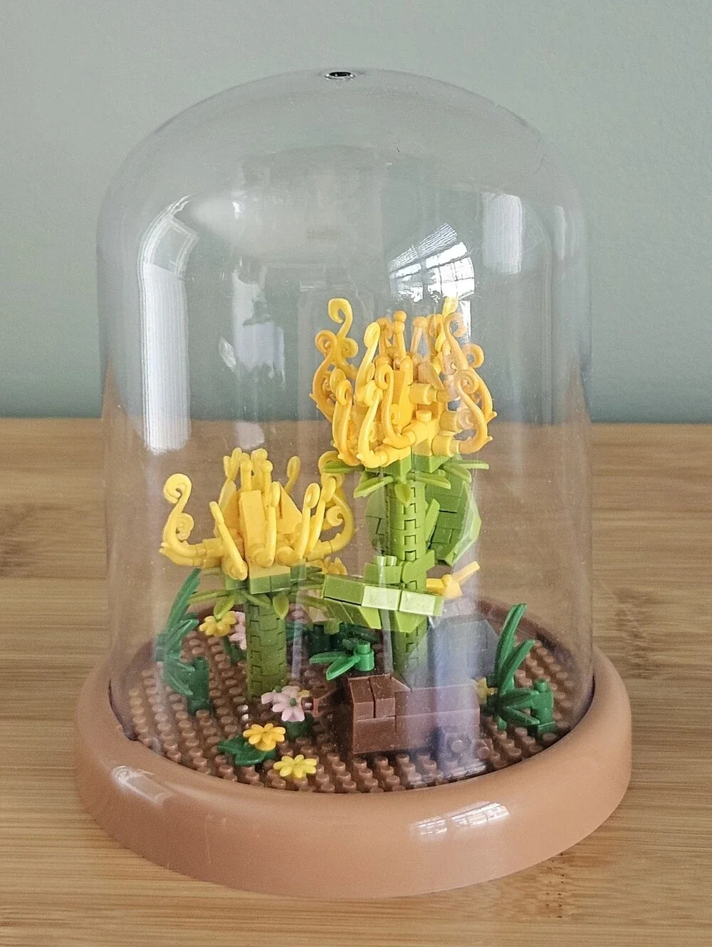Glass Dome Terrarium with Yellow Floral Accent Bricks No Instructions Assembeled